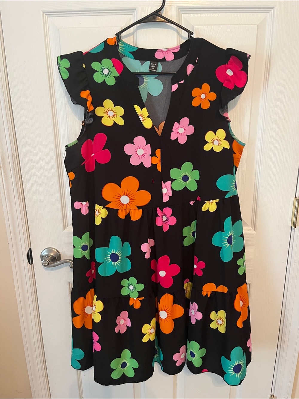 SHEIN Black Midi Dress with Bright Multicolor Floral Print